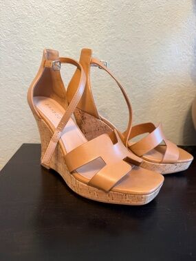 BAMBOO Tan Cork Wedge Sandals with Ankle Strap